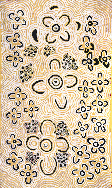Alice Nampitjinpa Dixon MKAN02014 Bush Tomato bush tucker 153cm x 91cm original Australian Aboriginal artwork at Tingari Arts vertical view 001