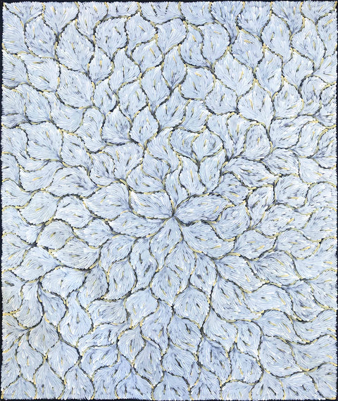 Anastasia Bundey Kemarre TABK1305-10 Bush Tucker Leaves 183cmx153cm original Australian Aboriginal artwork at Tingari Arts vertical view