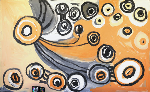 Barbara Mbitjana Moore 324-15 Ngayuku ngura - My Country 122cm x 198cm original Australian Aboriginal artwork at Tingari Arts horizontal view