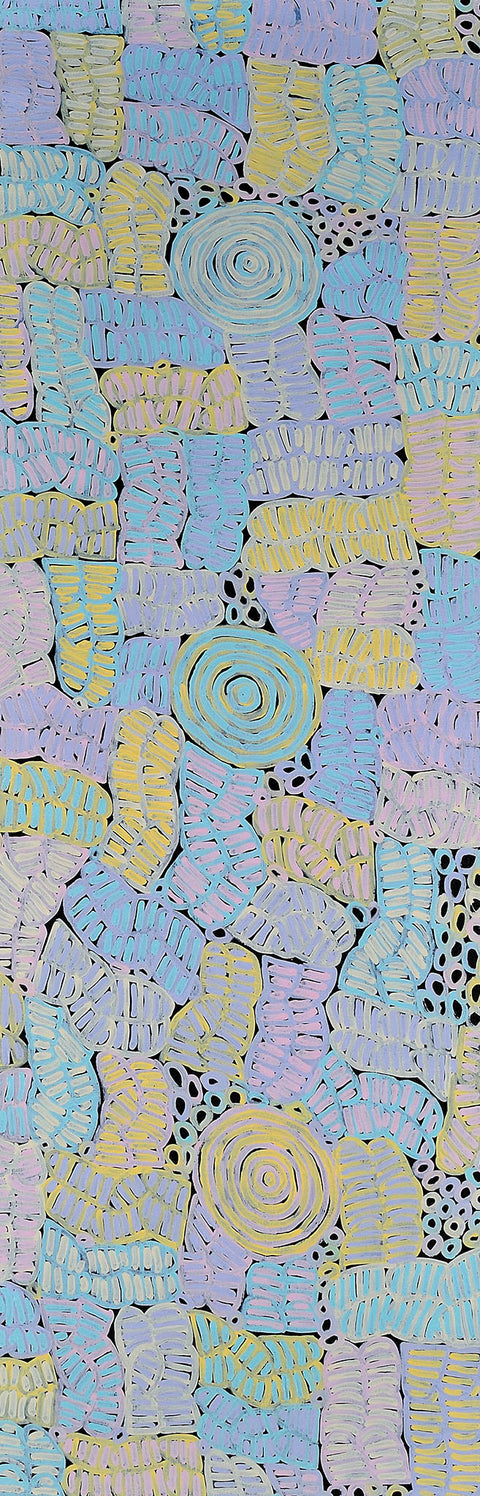 Betty Mbitjana Club TBCM 1304 Awelye 183cm x 61cm original Australian Aboriginal artwork at Tingari Arts vertical view 002