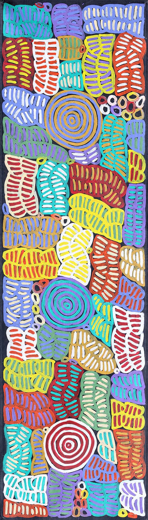 Betty Mbitjana Club TBCM1202-1 Awelye 183cm x 51cm original Australian Aboriginal artwork at Tingari Arts vertical view 001