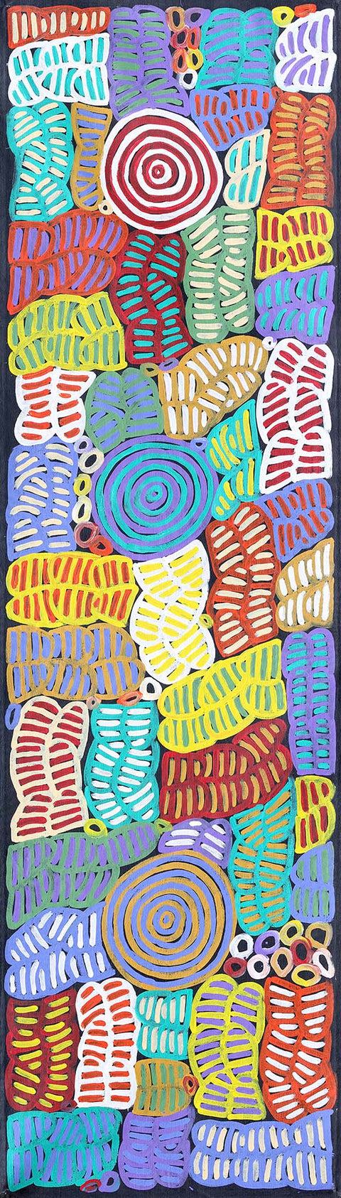 Betty Mbitjana Club TBCM1202-1 Awelye 183cm x 51cm original Australian Aboriginal artwork at Tingari Arts vertical view 001