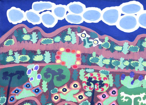 Daisy Napaltjarri Jugadai TDNJ405 Haasts Bluff Range, Atji Creek & Memory Hill 121cm x 91cm original Australian Aboriginal artwork at Tingari Arts detail view