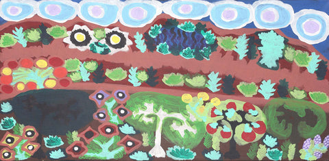 Daisy Napaltjarri Jugadai TDNJ601 Haasts Bluff 100cm x 50cm original Australian Aboriginal artwork at Tingari Arts horizontal view