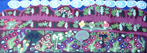Daisy Napaltjarri Jugadai TDNJ604 Merenie, South of Haasts Bluff 183cm x 67cm original Australian Aboriginal artwork at Tingari Arts horizontal view 001