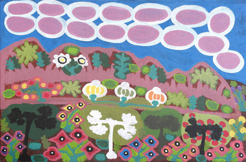 Daisy Napaltjarri Jugadai TDNJ703 Mt Rock near Haasts Bluff 91cm x 61cm original Australian Aboriginal artwork at Tingari Arts horizontal view 001