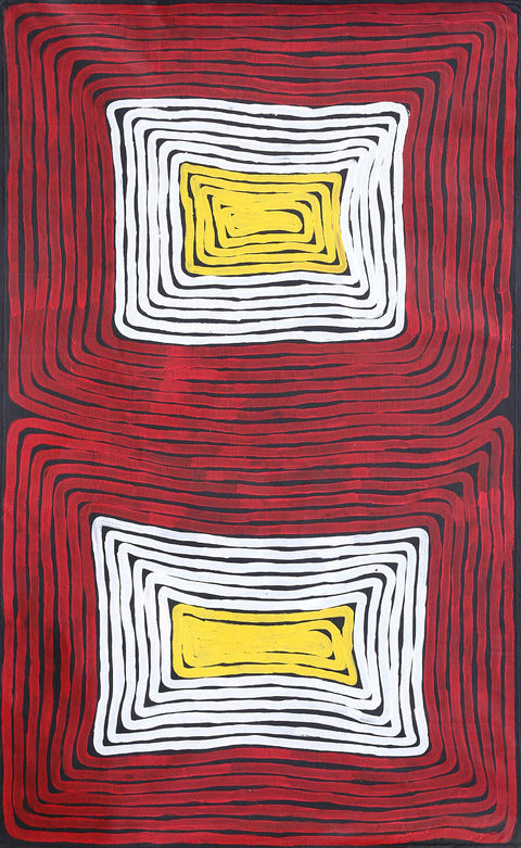 Dr George Tjapaltjarri K-0006DGT Men's Business 153cm x 90cm original Australian Aboriginal artwork at Tingari Arts vertical view 001