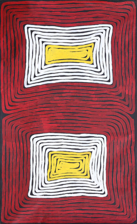 Dr George Tjapaltjarri K-0006DGT Men's Business 153cm x 90cm original Australian Aboriginal artwork at Tingari Arts vertical view 002