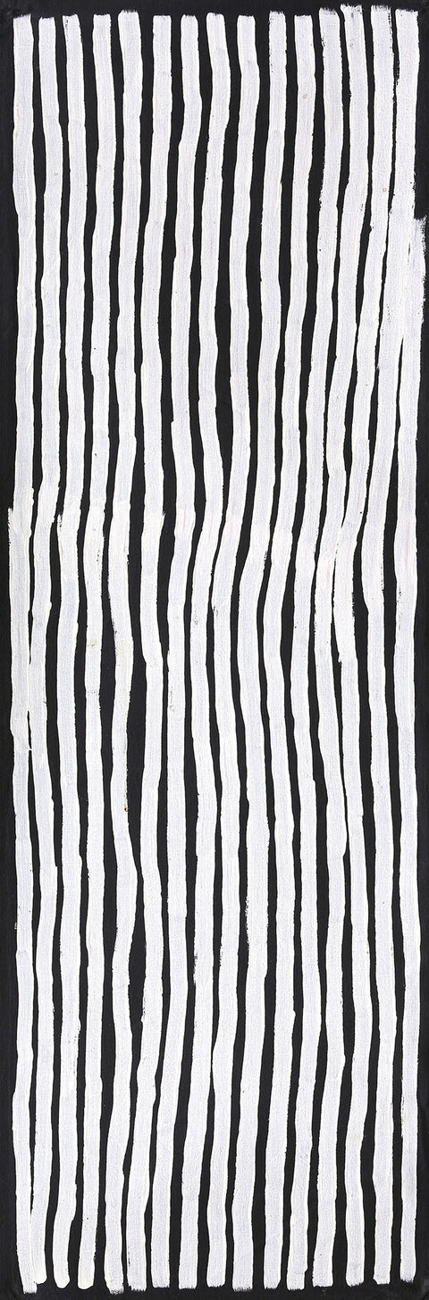 Dr George Tjapaltjarri KDGT0002 Men’s Business 115cm x 40cm original Australian Aboriginal artwork at Tingari Arts vertical view