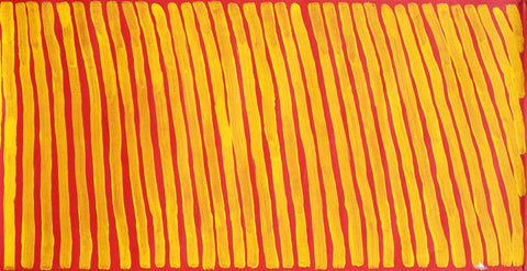 Dr George Tjapaltjarri LMDGT010004 Men's Business 121cm x 60cm original Australian Aboriginal artwork at Tingari Arts horizontal view 002