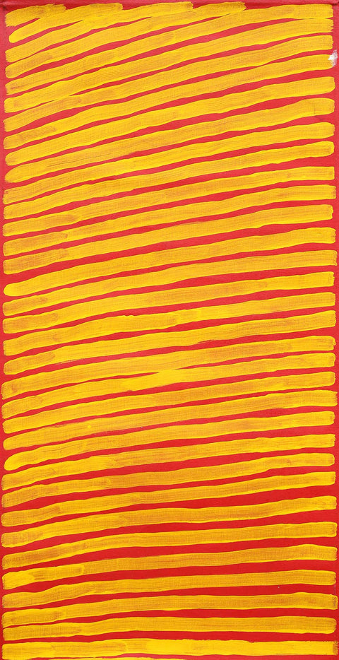 Dr George Tjapaltjarri LMDGT010004 Men's Business 121cm x 60cm original Australian Aboriginal artwork at Tingari Arts vertical view 001