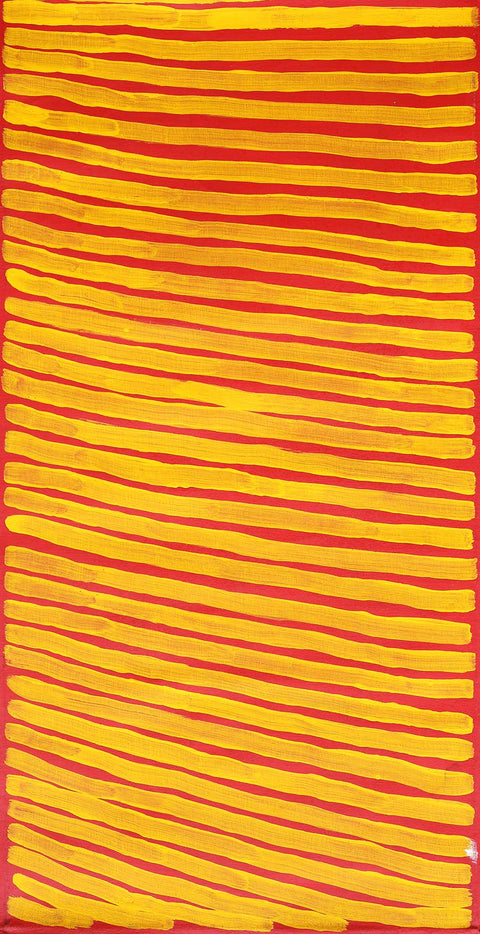 Dr George Tjapaltjarri LMDGT010004 Men's Business 121cm x 60cm original Australian Aboriginal artwork at Tingari Arts vertical view 002