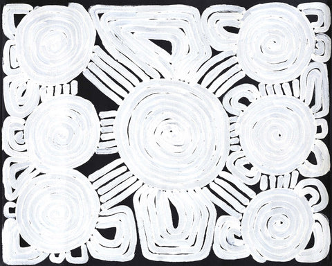 Dr George Tjapaltjarri LMDGT010008 Men’s Business 76cm x 60cm original Australian Aboriginal artwork at Tingari Arts horizontal view 001