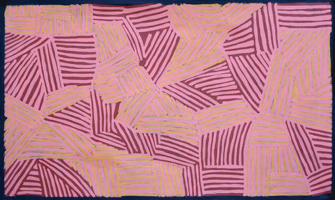 Gloria Tamerre Petyarre LMGP0204 Body Stripes 153cm x 91cm original Australian Aboriginal artwork at Tingari Arts horizontal view