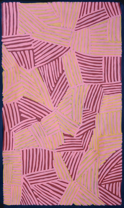 Gloria Tamerre Petyarre LMGP0204 Body Stripes 153cm x 91cm original Australian Aboriginal artwork at Tingari Arts vertical view