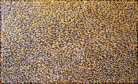 Gloria Tamerre Petyarre TGP1002 Leaves Blowing in the Wind, Bush Medicine 153cmx91cm original Australian Aboriginal artwork at Tingari Arts horizontal view
