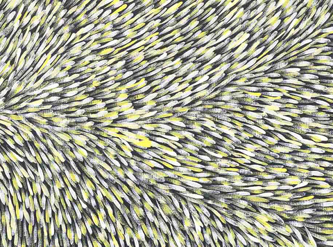 Gloria Tamerre Petyarre TGP432 Leaves Blowing in the Wind, Bush Medicine 121cm x 91cm original Australian Aboriginal artwork at Tingari Arts detail view