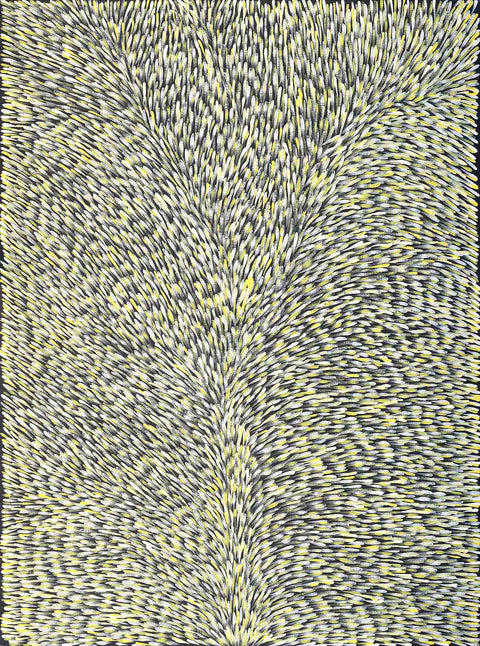 Gloria Tamerre Petyarre TGP432 Leaves Blowing in the Wind, Bush Medicine 121cm x 91cm original Australian Aboriginal artwork at Tingari Arts vertical view