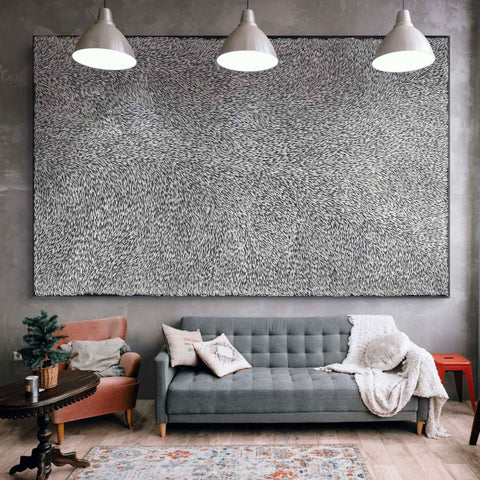 Gloria Tamerre Petyarre TGP501 Leaves Blowing in the Wind, Bush Medicine 304.8cm x 183cm original Australian Aboriginal artwork at Tingari Arts room wall view