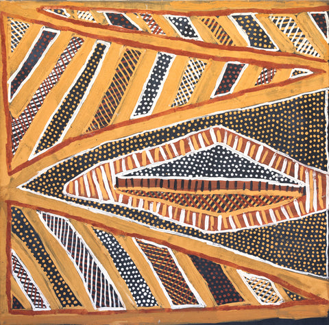 An abstract geometric painting with layered diagonal bands, dotted patterns, and white outline shapes in orange, black, brown, and white.