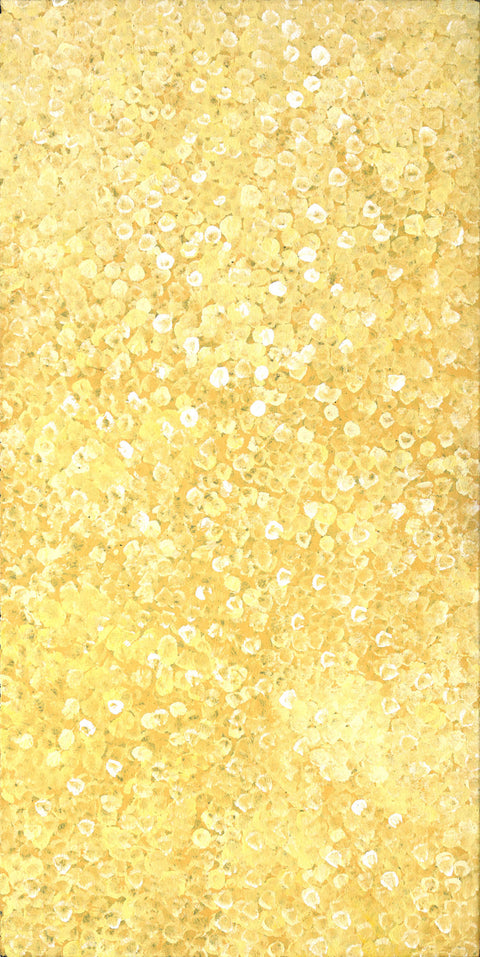 Josie Petrick Kemarre TJP1102-3 Bush Flowers and Plum 119cm x 61cm original Australian Aboriginal artwork at Tingari Arts vertical view