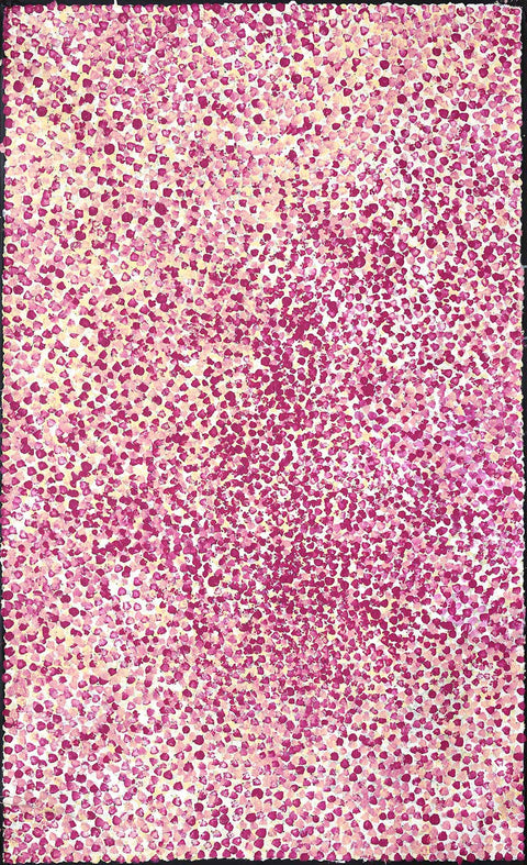 Josie Josepha Petrick Kemarre TJP1401-1 Bush Flowers and Plum 153cm x 91cm original Australian Aboriginal artwork at Tingari Arts vertical view