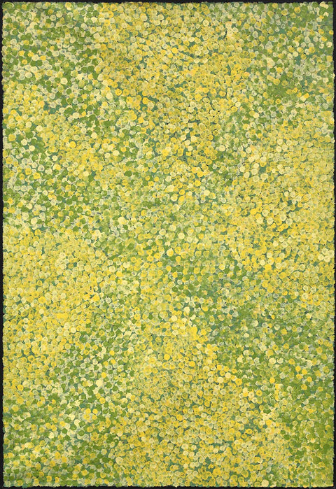 Josie Petrick Kemarre TJP417 Bush Flowers and Plum 137cm x 91cm original Australian Aboriginal artwork at Tingari Arts vertical view