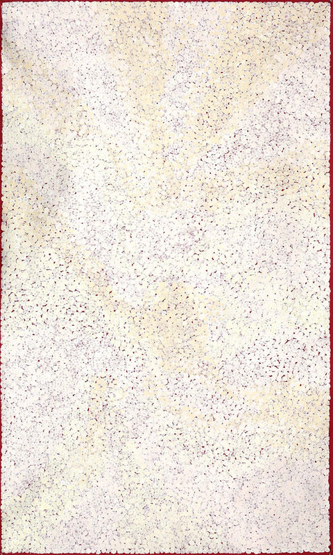 Josie Petrick Kemarre TJP502 Bush Flowers and Plum 153cm x 91cm original Australian Aboriginal artwork at Tingari Arts vertical view