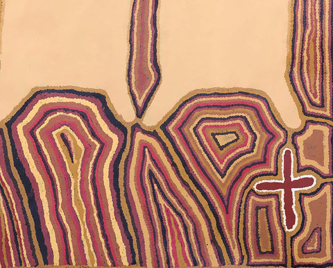 Tjunkaya Wukula Napaltjarri, also known as Linda Syddick LMLS0201 Calico Bags 153cm x 121cm original Australian Aboriginal artwork at Tingari Arts detail 001