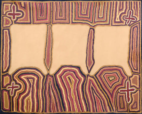 Tjunkaya Wukula Napaltjarri, also known as Linda Syddick LMLS0201 Calico Bags 153cm x 121cm original Australian Aboriginal artwork at Tingari Arts horizontal view 001