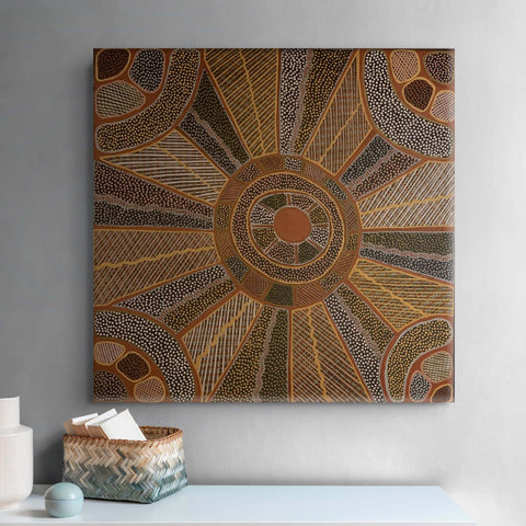 Maria Josette Orsto 649-03 80cmx80cm web horizontal original Australian Aboriginal artwork at Tingari Arts room wall view