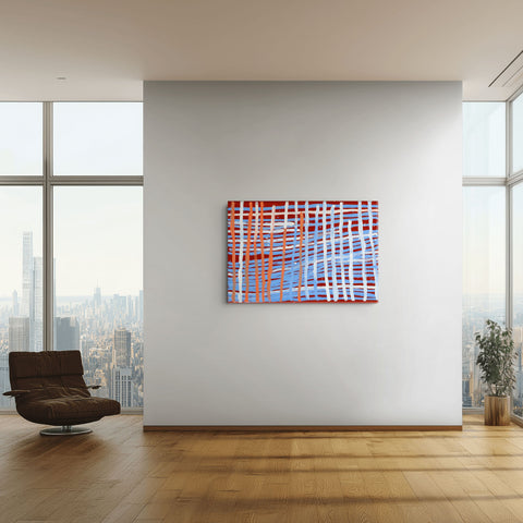 Minnie Motorcar Apwerle FMMPw0129 Awelye Atnewerrper 137cm x 91cm original Australian Aboriginal artwork at Tingari Arts gallery wall view
