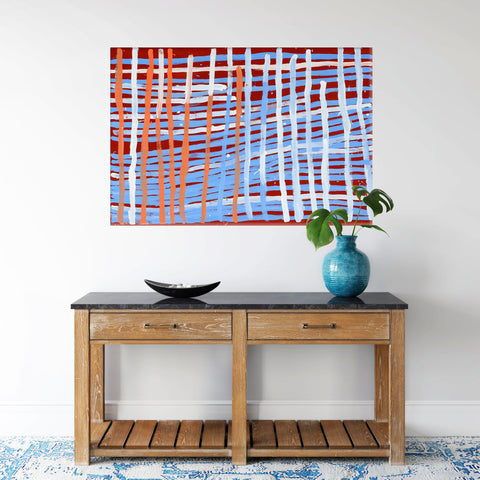 Minnie Motorcar Apwerle FMMPw0129 Awelye Atnewerrper 137cm x 91cm original Australian Aboriginal artwork at Tingari Arts room wall view