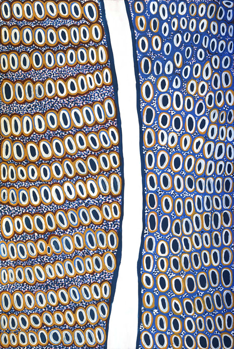 Narputta Nangala KNN02053 Rockholes at Karrkurutinytja 183cm x 121cm original Australian Aboriginal artwork at Tingari Arts vertical view 001