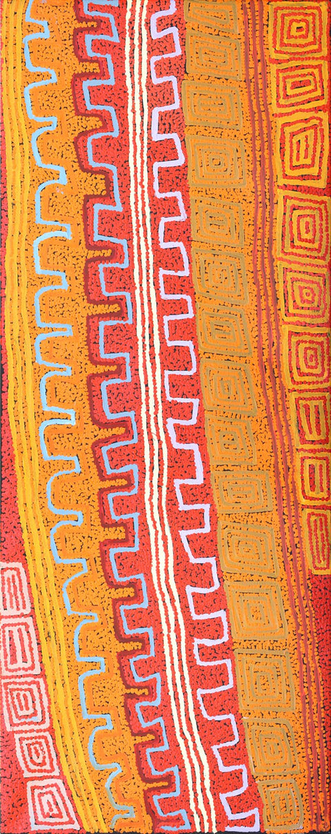 Patrick Olodoodi Tjungurrayi TPOT902 Tingari and Ancestral Country 153cm x 61cm original Australian Aboriginal artwork at Tingari Arts vertical view 001