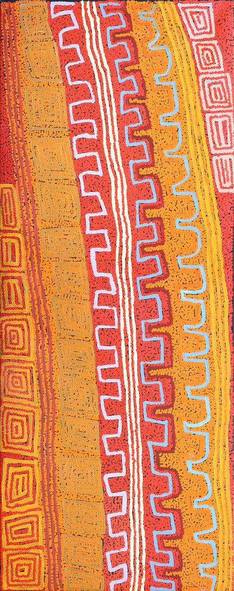 Patrick Olodoodi Tjungurrayi TPOT902 Tingari and Ancestral Country 153cm x 61cm original Australian Aboriginal artwork at Tingari Arts vertical view 002