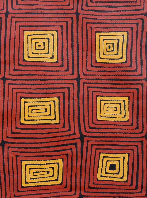 Ronnie Tjampitjinpa LMRT0204 Men’s Ceremony 153cm x 121cm original Australian Aboriginal artwork at Tingari Arts detail view