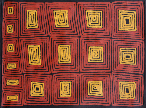 Ronnie Tjampitjinpa LMRT0204 Men’s Ceremony 153cm x 121cm original Australian Aboriginal artwork at Tingari Arts horizontal view