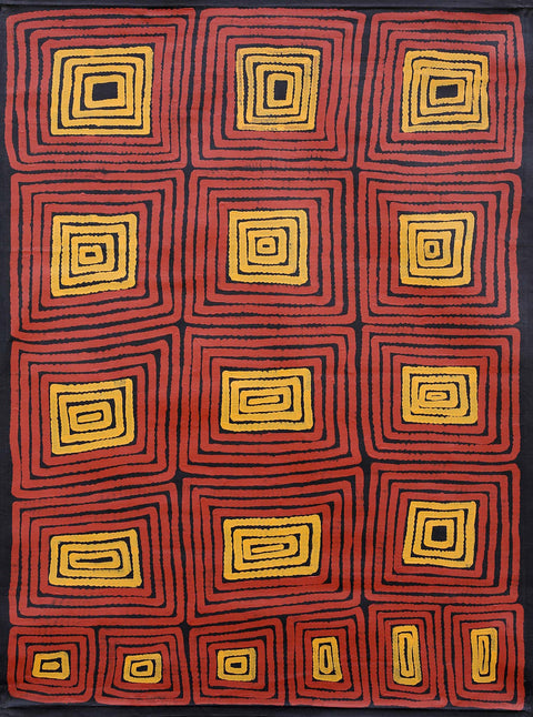 Ronnie Tjampitjinpa LMRT0204 Men’s Ceremony 153cm x 121cm original Australian Aboriginal artwork at Tingari Arts vertical view