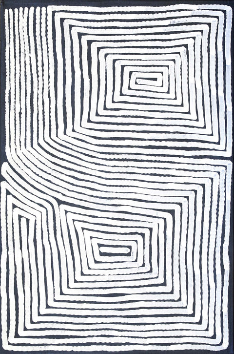 Ronnie Tjampitjinpa TRT201 Men’s Ceremony 91cm x 61cm original Australian Aboriginal artwork at Tingari Arts vertical view