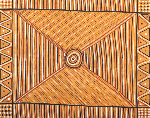 An Aboriginal artwork featuring a central circular motif surrounded by radiating geometric patterns in earthy orange, brown, beige, and black.