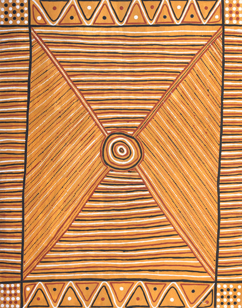 An Aboriginal painted artwork featuring geometric patterns, concentric circles, and fine horizontal and diagonal lines in warm orange, brown, and black tones.