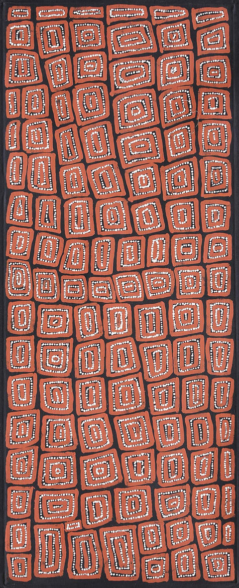 Thomas Tamayinya Tjapaltjarri TTT101 Tingari Cycle 153cm x 61cm original Australian Aboriginal artwork at Tingari Arts vertical view 001