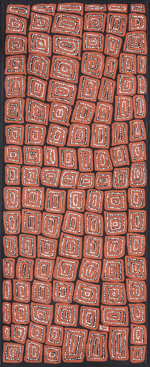 Thomas Tamayinya Tjapaltjarri TTT101 Tingari Cycle 153cm x 61cm original Australian Aboriginal artwork at Tingari Arts vertical view 002