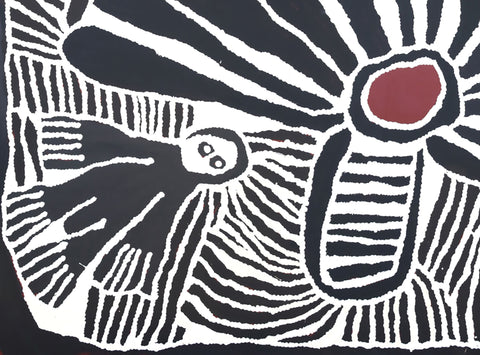 Tjunkiya Wakula Napaltjarri, also known as Linda Syddick 9909-19 Windmill - First Contact 90cm x 119.5cm original Australian Aboriginal artwork at Tingari Arts detail view