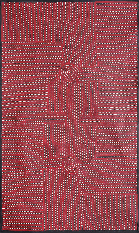 Walala Tjapaltjarri WT1012-7 Tingari Cycle 153cmx91cm original Australian Aboriginal artwork at Tingari Arts vertical view 001