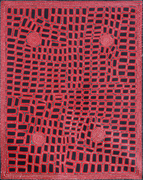 Walala Tjapaltjarri TWT1205-5 Tingari Cycle 153cm x 121cm original Australian Aboriginal artwork at Tingari Arts vertical view 001