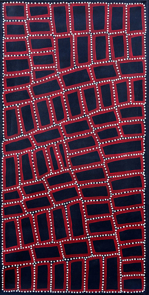 Walala Tjapaltjarri TWT 501 Tingari Cycle Tingari 121cm x 61cm original Australian Aboriginal artwork at Tingari Arts vertical view