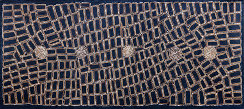Walala Tjapaltjarri TWT906 Tingari Cycle 214cmx91cm original Australian Aboriginal artwork at Tingari Arts horizontal view