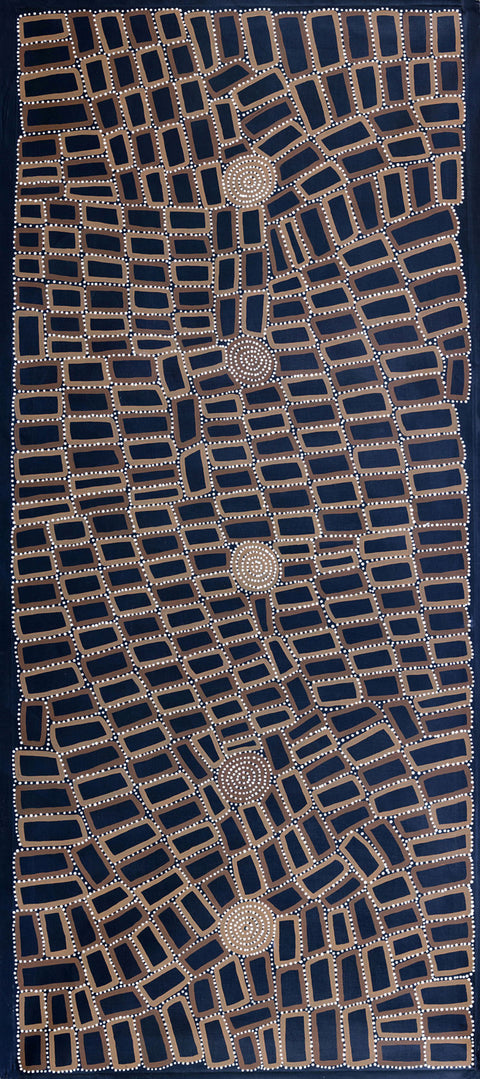 Walala Tjapaltjarri TWT906 Tingari Cycle 214cmx91cm original Australian Aboriginal artwork at Tingari Arts vertical view